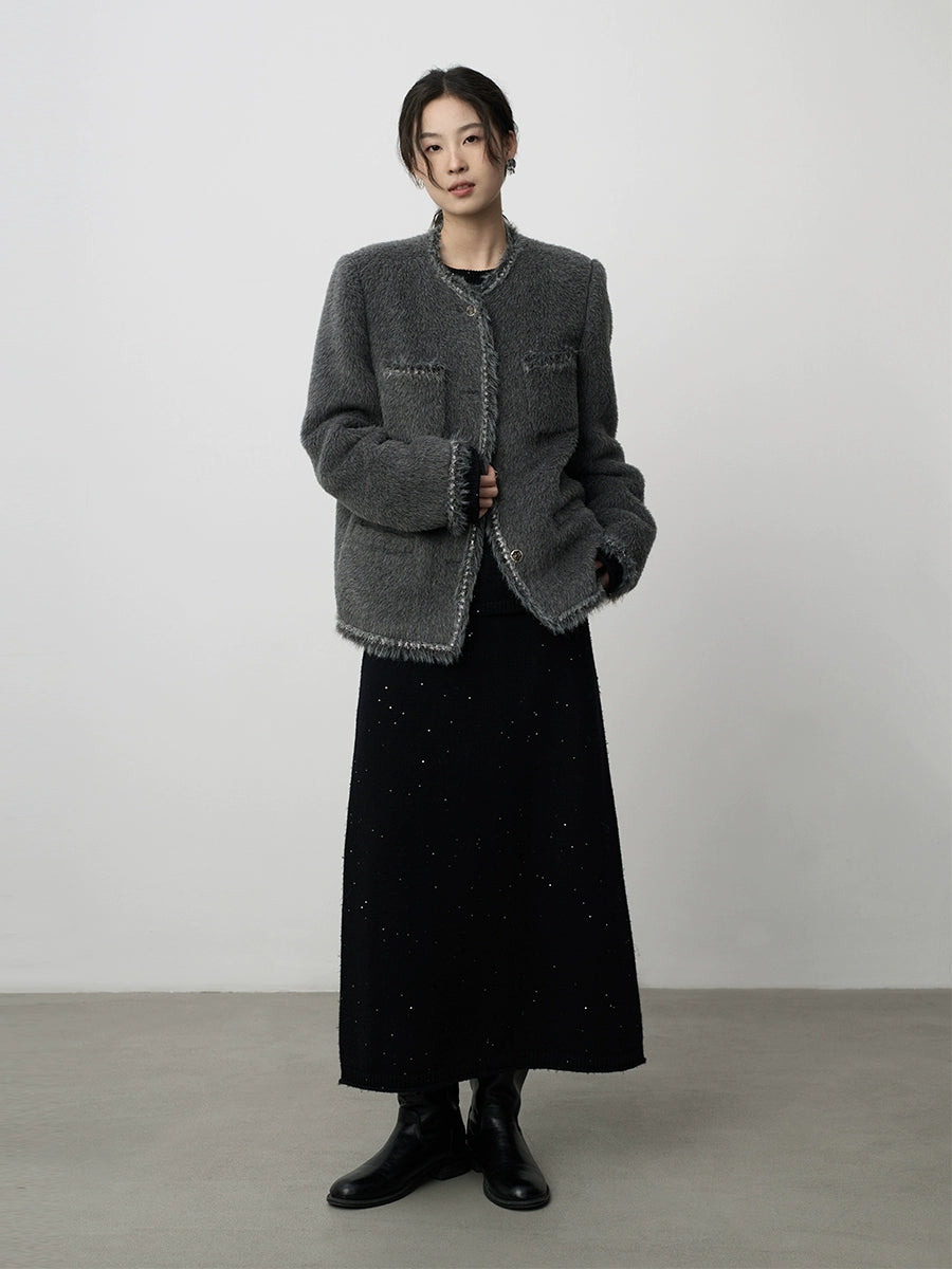 CAREMIND Suli Alpaca Light Ripe Small Fragrant Wind - Chaqueta de manga larga cálida de felpa gris con cuello redondo para mujer