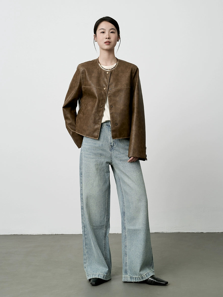 CAREMIND Chaqueta corta de cuero con cuello redondo Chaqueta corta premium Maillard Retro Wear para mujer