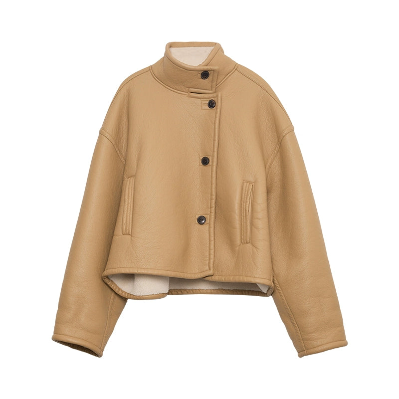 Chaqueta negra corta cálida y resistente al viento con pelo integrado de CAREMIND, chaqueta de solapa de locomotora de moda para mujer