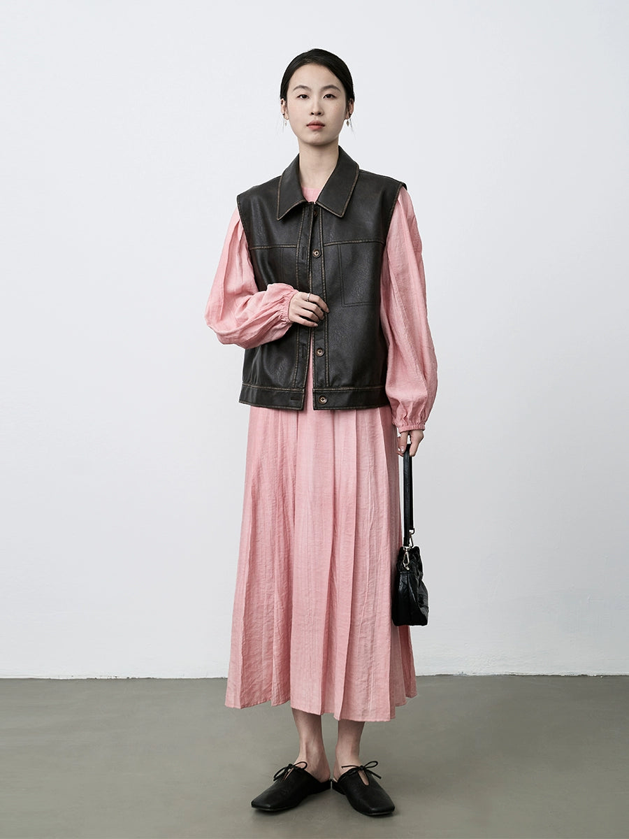 CAREMIND Elegante vestido blanco rosa melocotón único Otoño 2024 Nuevo vestido suelto de lino para viajes de vacaciones