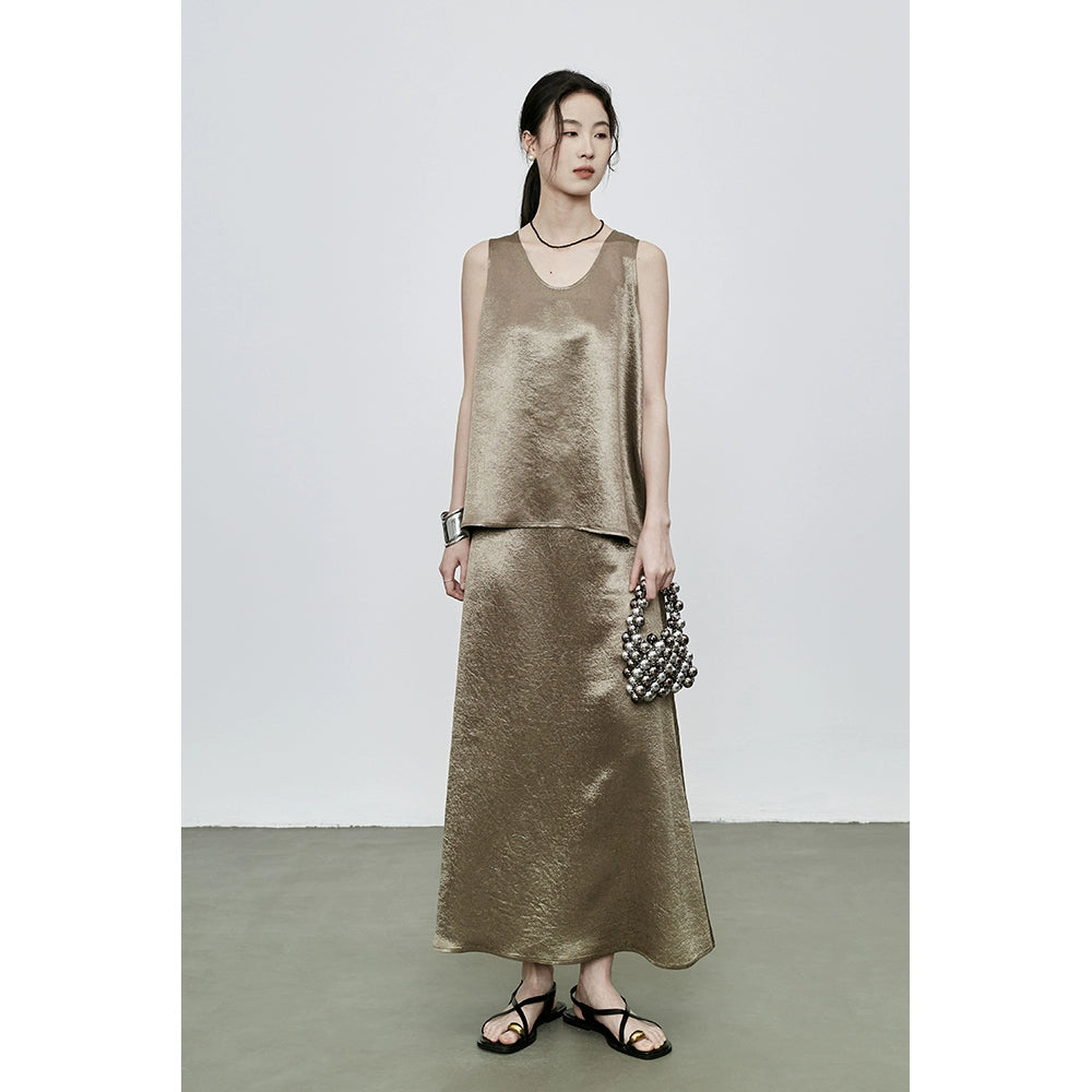 CAREMIND Traje de acetato con estampado oscuro Chaleco sin mangas Falda larga de cola de pez Conjunto de dos piezas para mujer