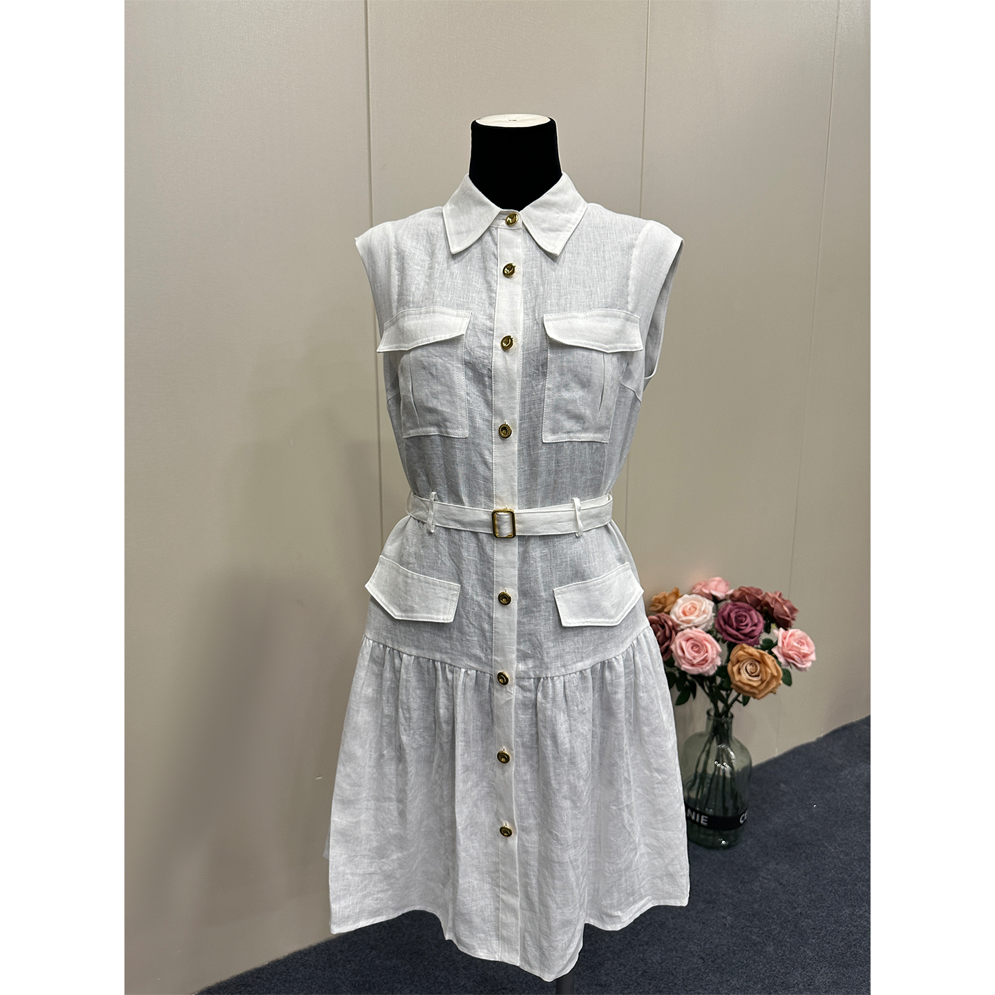 8019★ Kochi old money wind shirt skirt lapel high waist thin sleeveless pure linen dress women 25 summer