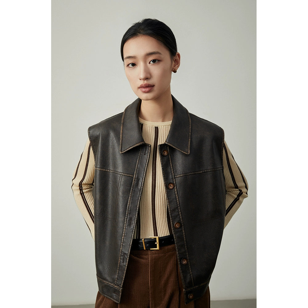 Chaleco sin mangas con diseño original de CAREMIND, chaleco con solapa exterior para mujer, chaqueta de cuero con diseño de solapa, otoño, primavera y otoño