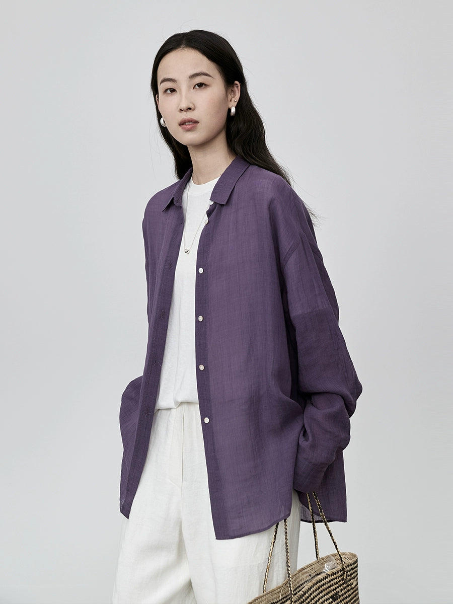 Camisa informal de tencel de ramio súper blanca y morada de CAREMIND, nueva camisa de protección solar versátil para otoño, camisa para viajeros