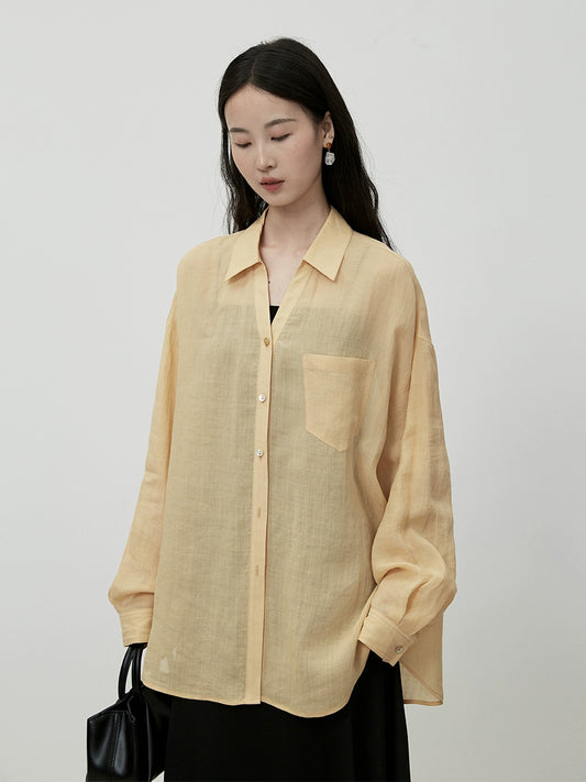 Camisa fina con protector solar de verano CAREMIND Camisa exterior de manga larga amarilla elegante y fresca de Ramie