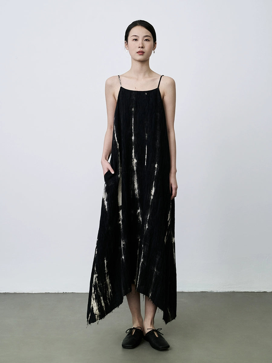 Vestido con tirantes de mezcla de lino y algodón de primera calidad en color negro de CAREMIND, vestido largo con falda tipo paraguas con péndulo grande irregular