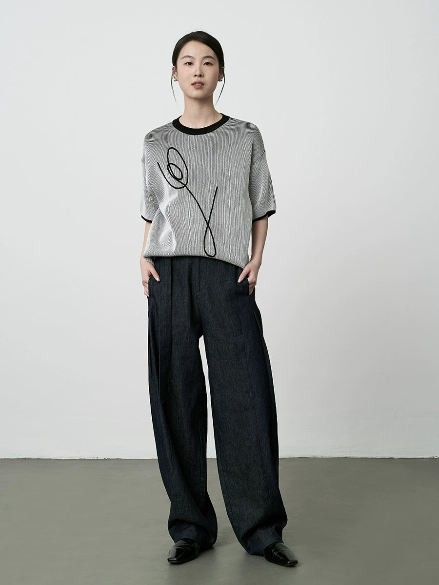 CAREMIND Elegante blusa de manga corta con bordado de tulipanes para mujer, de rayas blancas y negras en color contrastante, sencilla y de manga media