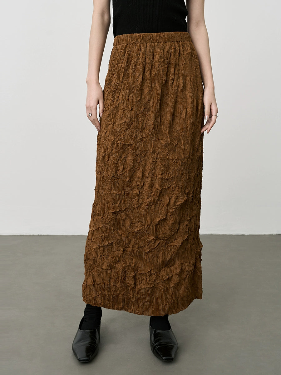 Falda de cintura elástica plisada irregular color café de CAREMIND Falda ajustada de cintura alta con envoltura en la cadera Falda mediana y larga