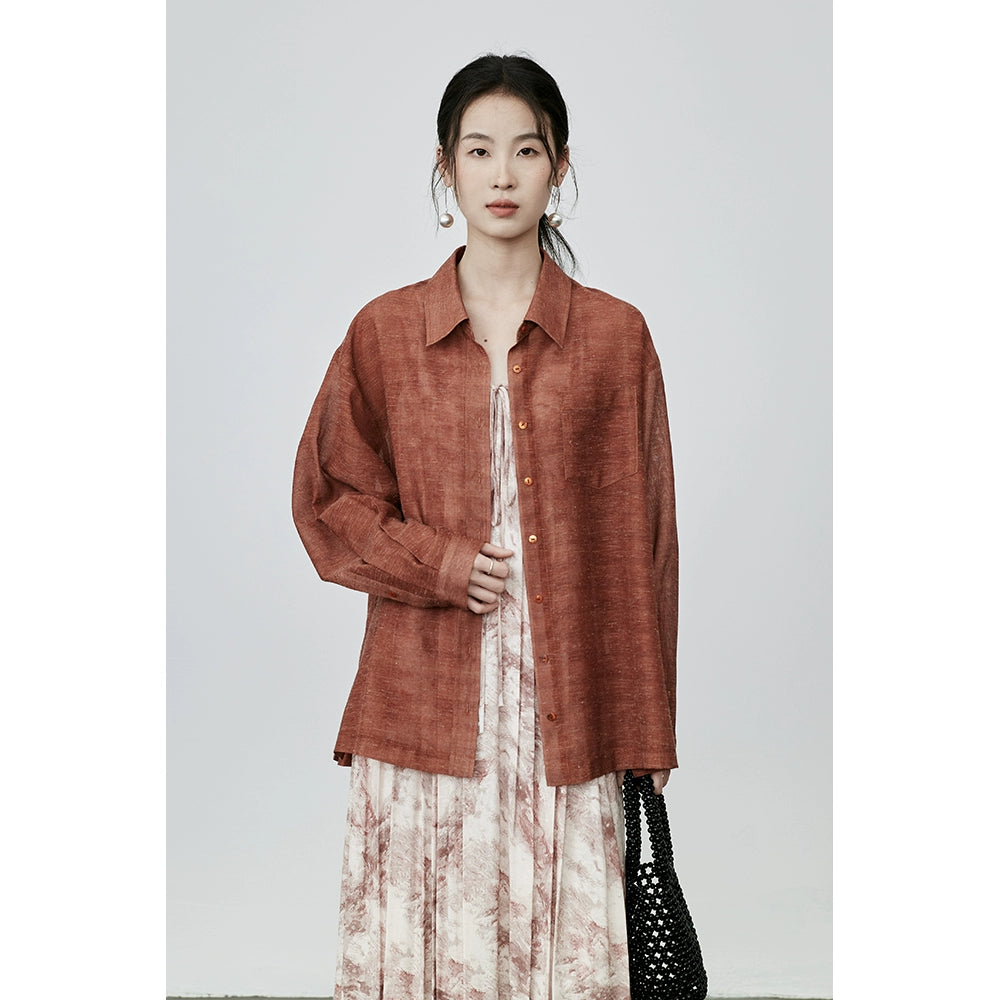 Camisa de manga larga estilo retro nostálgico de color rojo ladrillo chino de CAREMIND, chaqueta de viaje de otoño