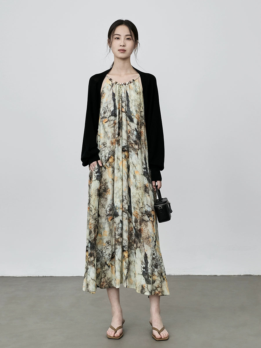 Vestido de fiesta con cuello en V y efecto tie-dye de estilo nacional literario de CAREMIND