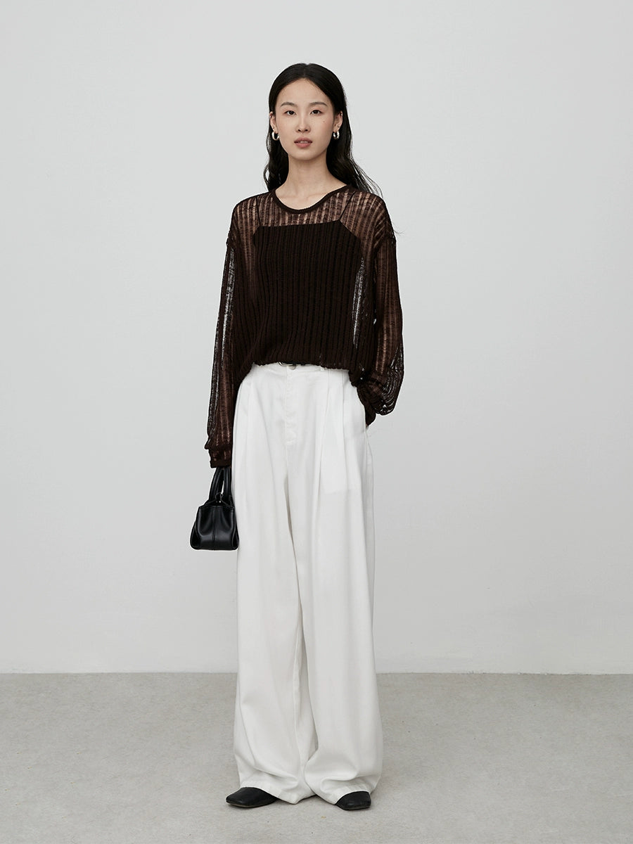 CAREMIND blusa de punto hueca de tres colores con perspectiva de tiras en el hoyo exterior con top de manga larga para mujer para desplazamientos de otoño