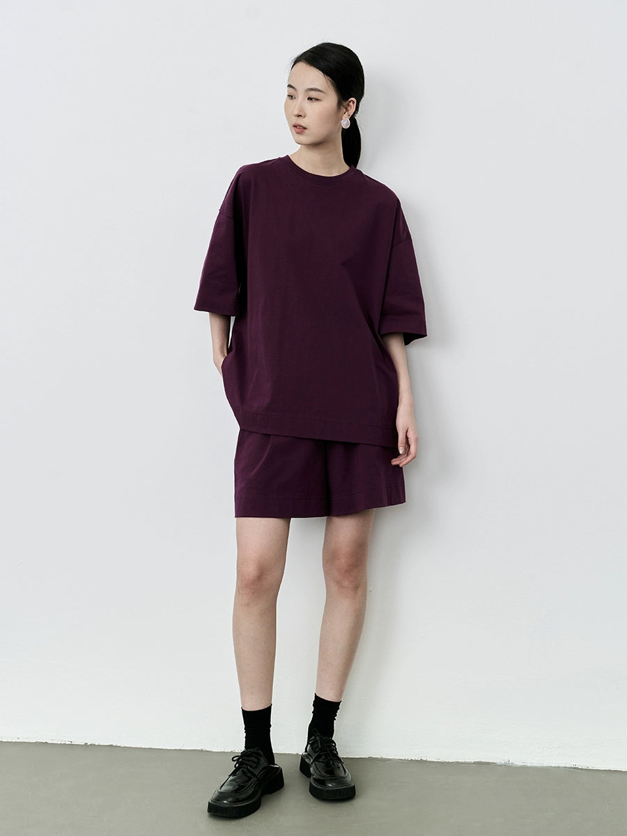 Conjunto de dos piezas de camiseta de algodón ajustada informal de verano con pantalón de cinco puntos y color morado ahumado de CAREMIND