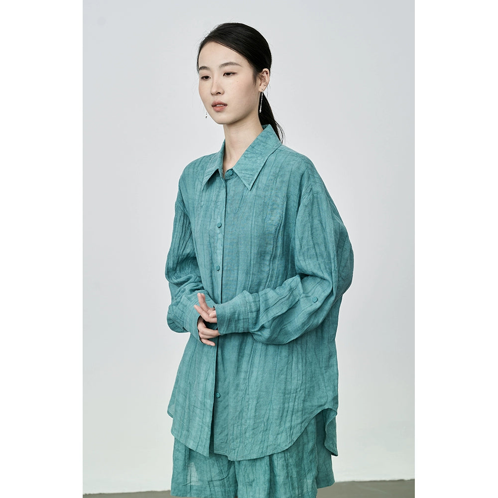 Conjunto de dos piezas de camisa y pantalones cortos teñidos a mano de Tencel de alta calidad con diseño de viento otoñal de CAREMIND