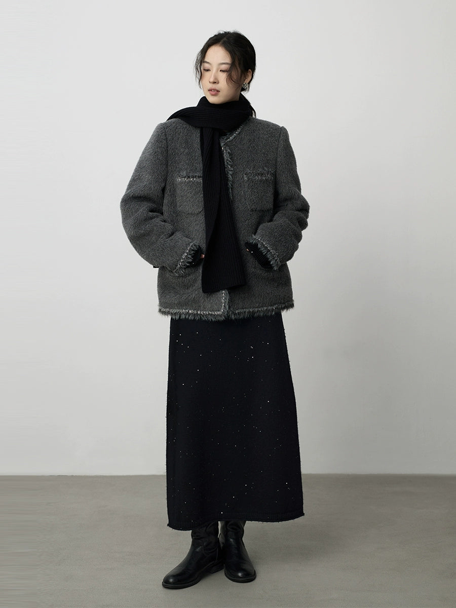 CAREMIND Suli Alpaca Light Ripe Small Fragrant Wind - Chaqueta de manga larga cálida de felpa gris con cuello redondo para mujer