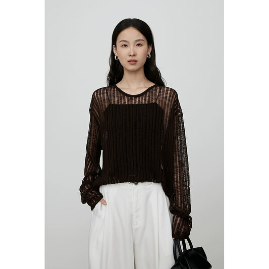 CAREMIND blusa de punto hueca de tres colores con perspectiva de tiras en el hoyo exterior con top de manga larga para mujer para desplazamientos de otoño