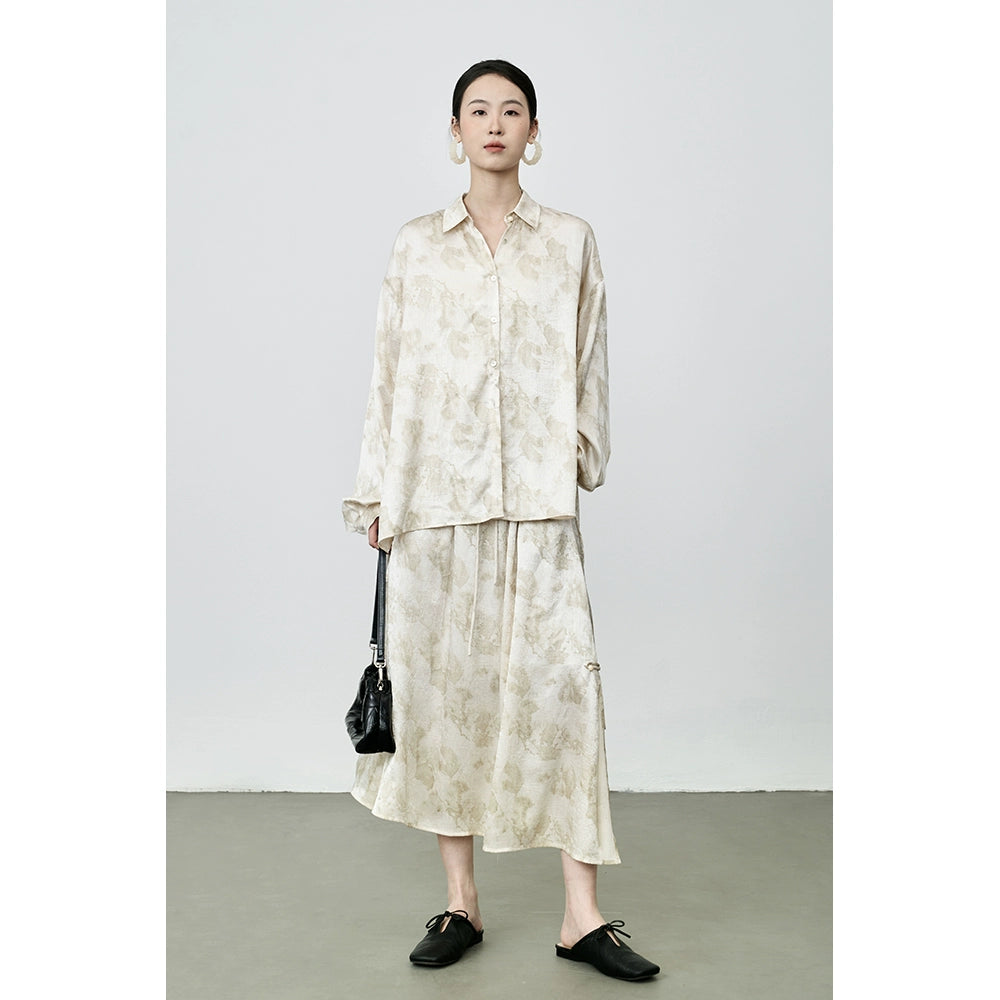 CAREMIND Nuevo traje chino de albaricoque, falda de manga larga con flores de satén de estilo nacional, traje de dos piezas para mujer