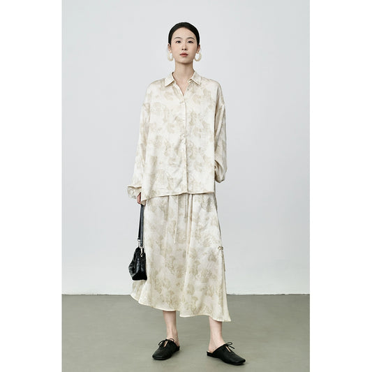 CAREMIND Nuevo traje chino de albaricoque, falda de manga larga con flores de satén de estilo nacional, traje de dos piezas para mujer