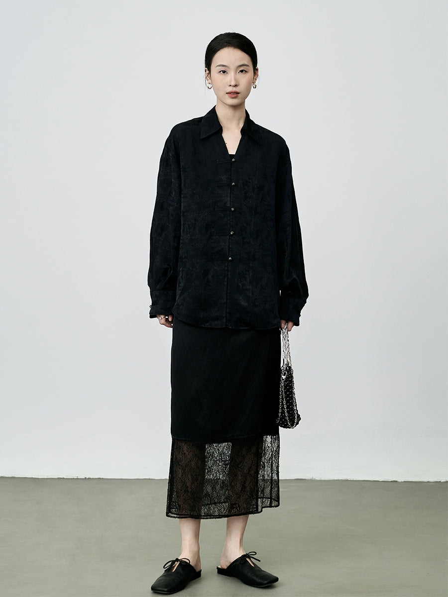 Camisa de jacquard con estampado oscuro chino de CAREMIND, camisa pequeña de manga larga con botones de estilo nacional de alta gama