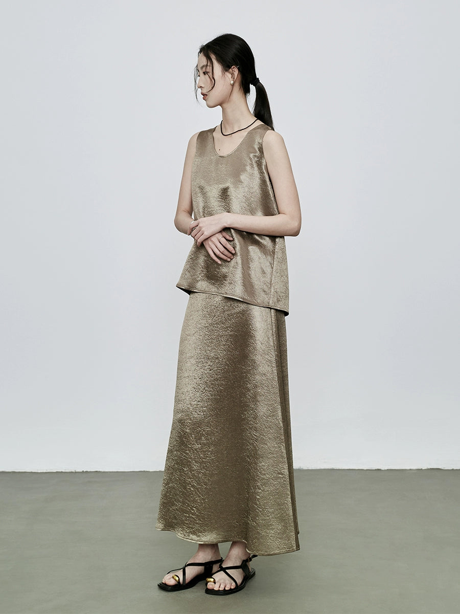 CAREMIND Traje de acetato con estampado oscuro Chaleco sin mangas Falda larga de cola de pez Conjunto de dos piezas para mujer