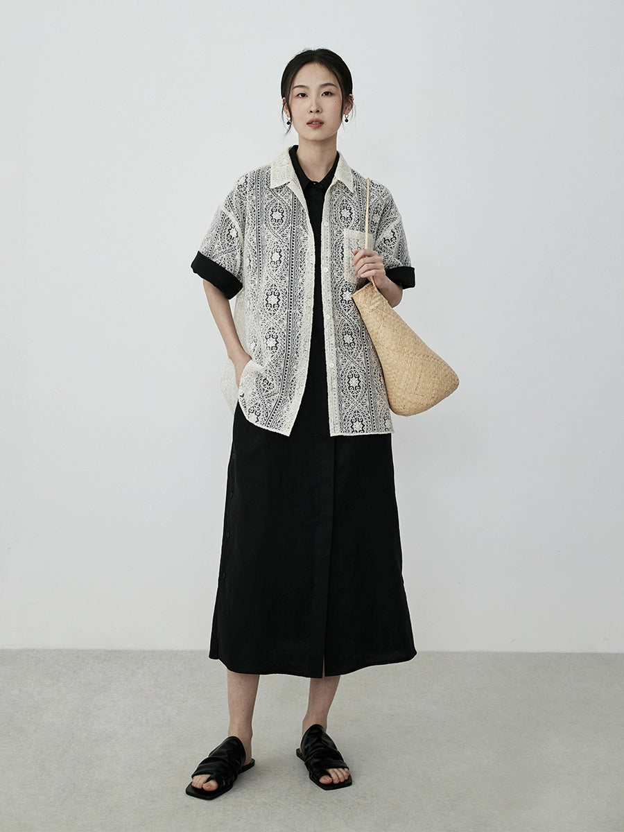 CAREMIND falda de camisa de lino minimalista negra temperamento falda larga de viajero abrigo fino top mujer