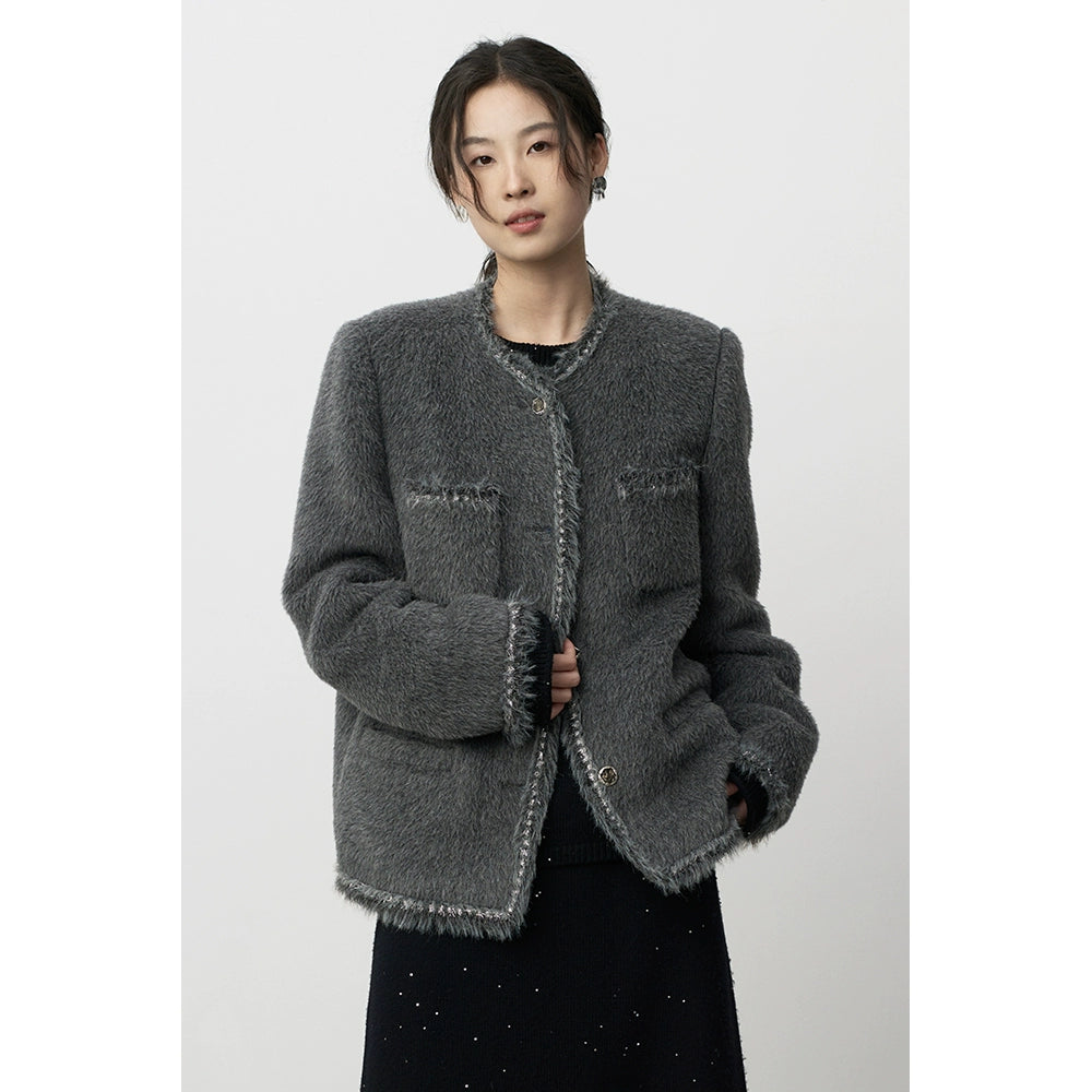 CAREMIND Suli Alpaca Light Ripe Small Fragrant Wind - Chaqueta de manga larga cálida de felpa gris con cuello redondo para mujer