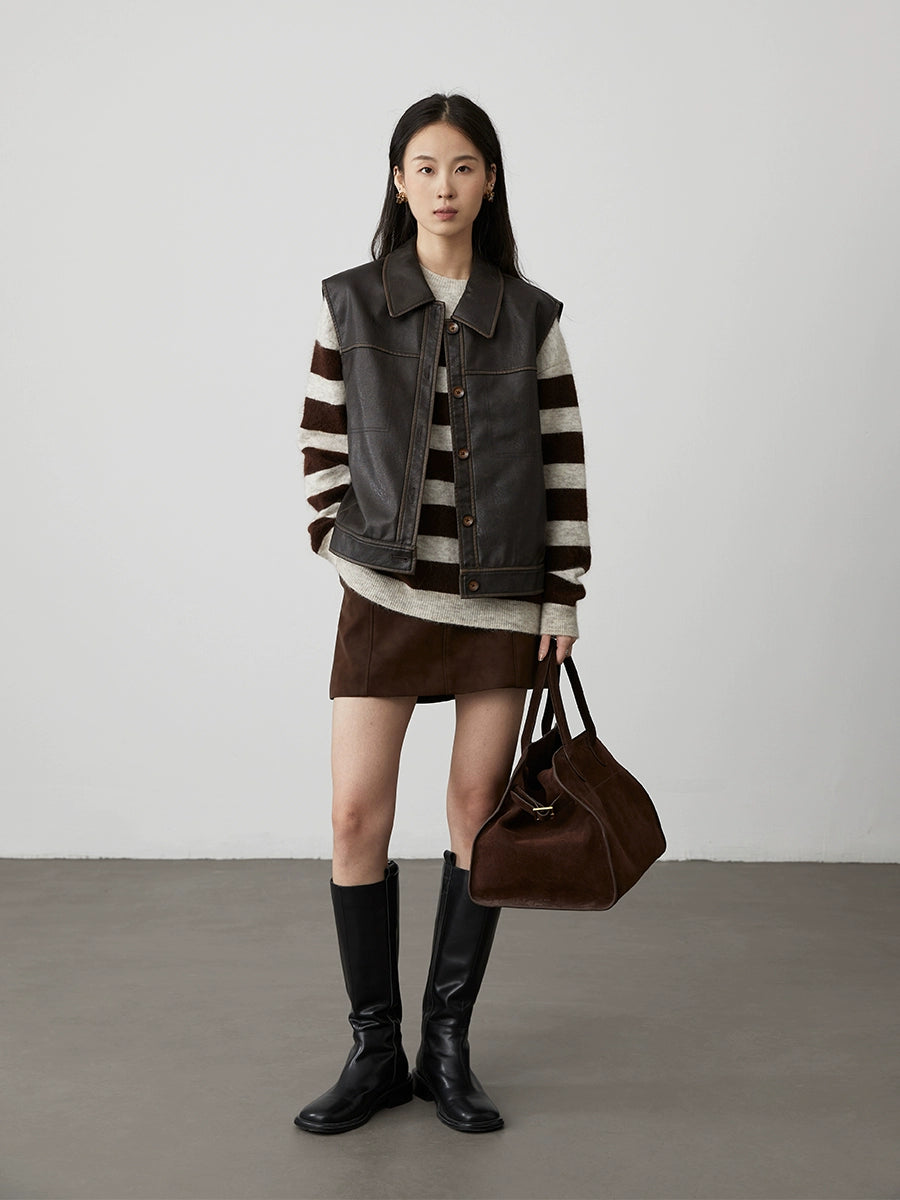 Falda pequeña de cuero con textura moderna urbana de dos colores café negro de CAREMIND, falda corta de PU con diseño anti-luz, falda con palabra A