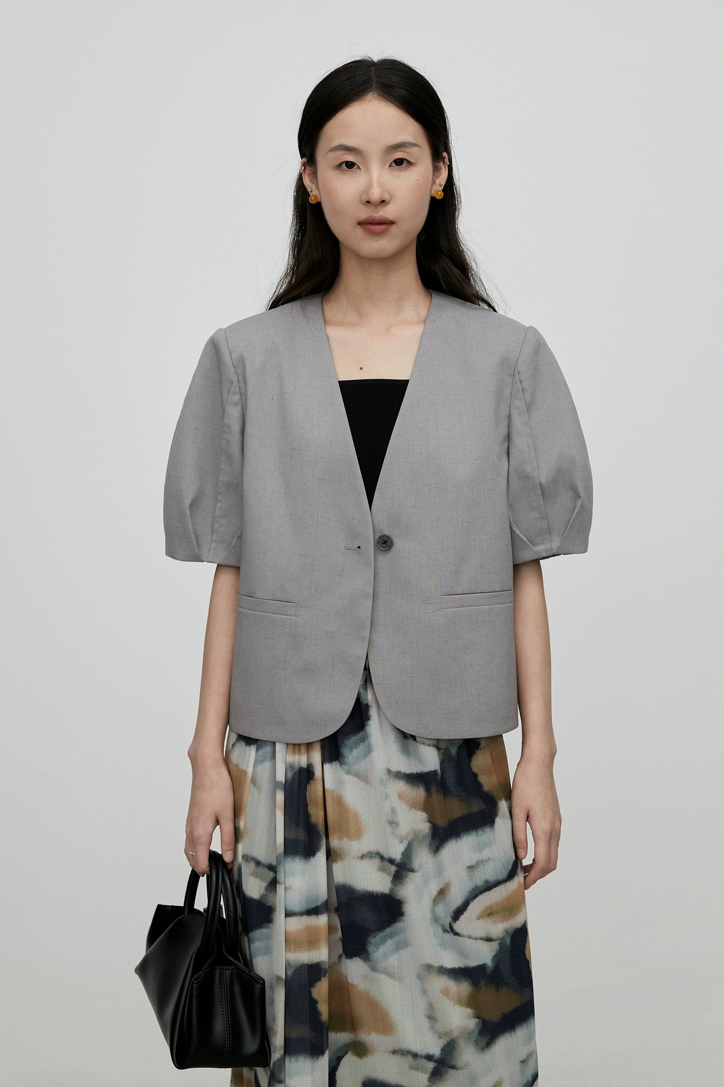 CAREMIND Veste chemise courte grise vintage à col en V et boutons