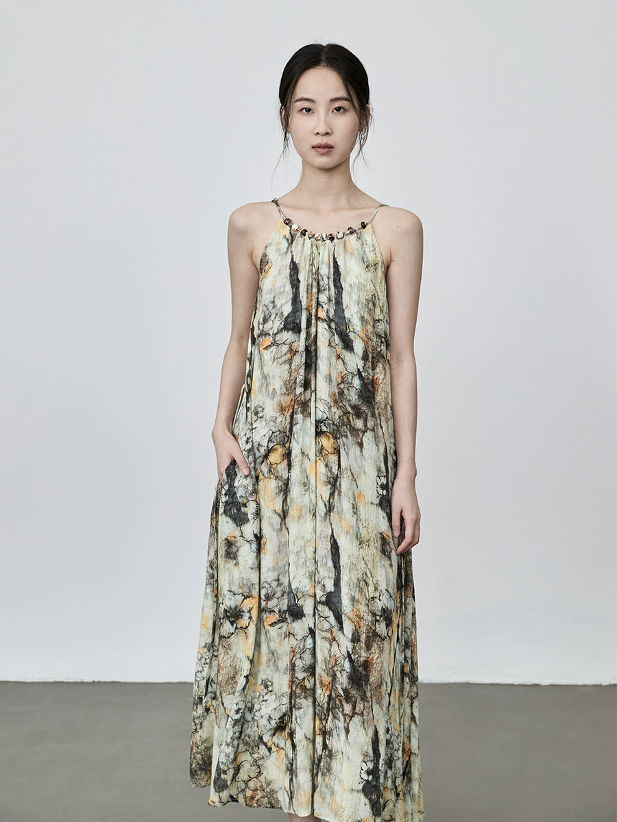 Vestido de fiesta con cuello en V y efecto tie-dye de estilo nacional literario de CAREMIND