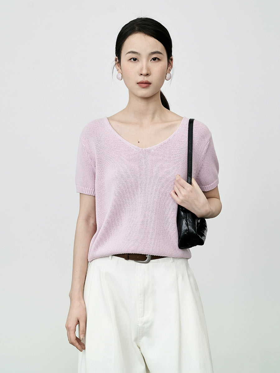 CAREMIND Suéter de punto informal, top de algodón 100% de alto giro, versátil, de color sólido, camiseta de manga corta anti-edad para mujer