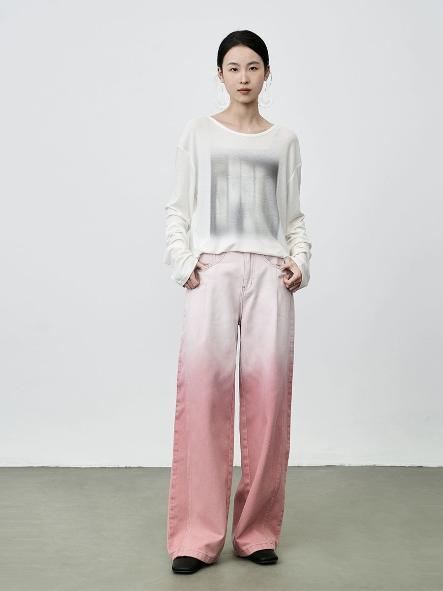 Pantalones rectos con tinte gradual de vitalidad rosa de CAREMIND, pantalones casuales de pierna ancha y finos con drapeado de otoño