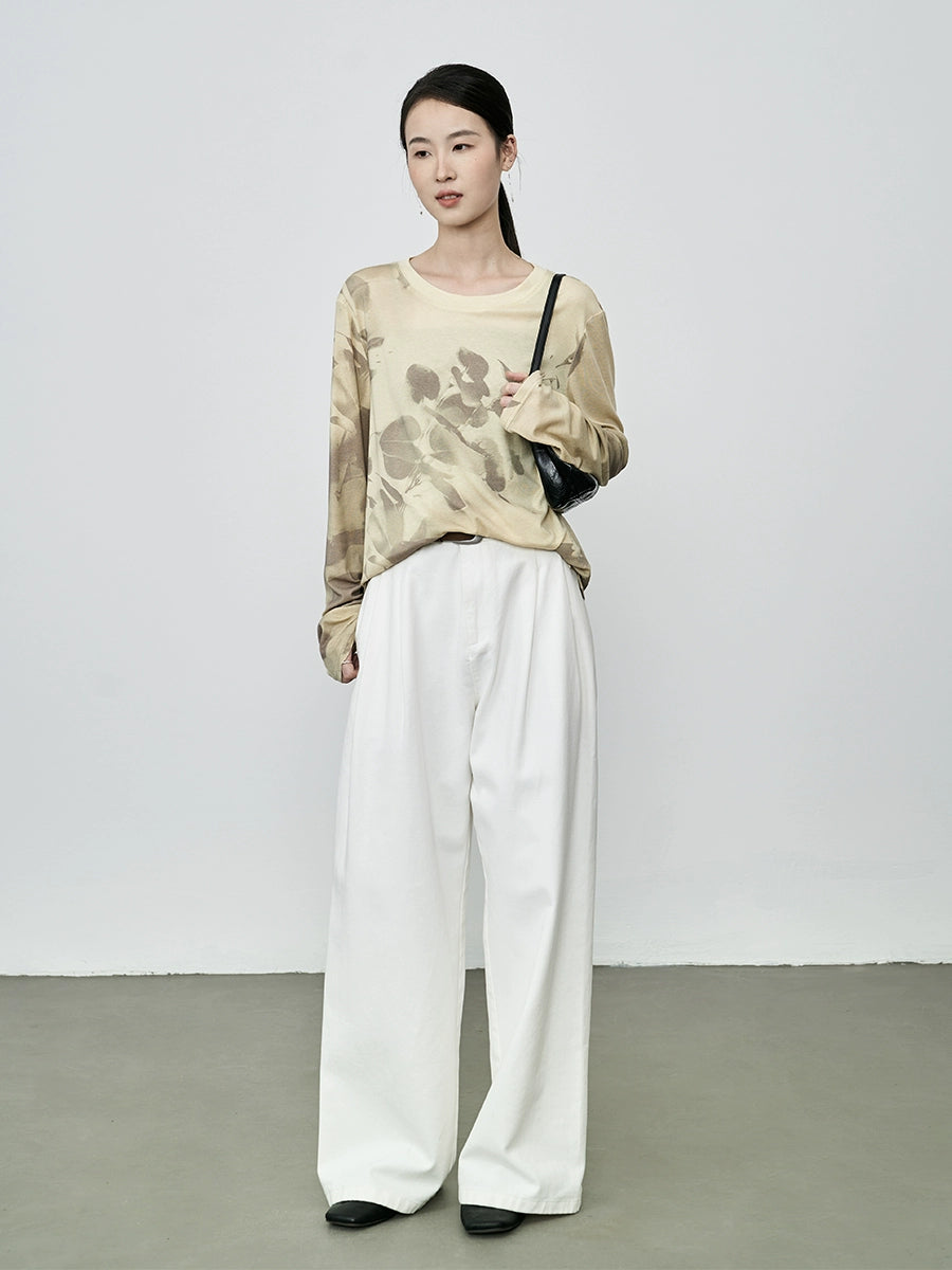 CAREMIND2024 nueva camiseta de manga larga con pintura de tinta de albaricoque amarillo de otoño, top de malla manchado