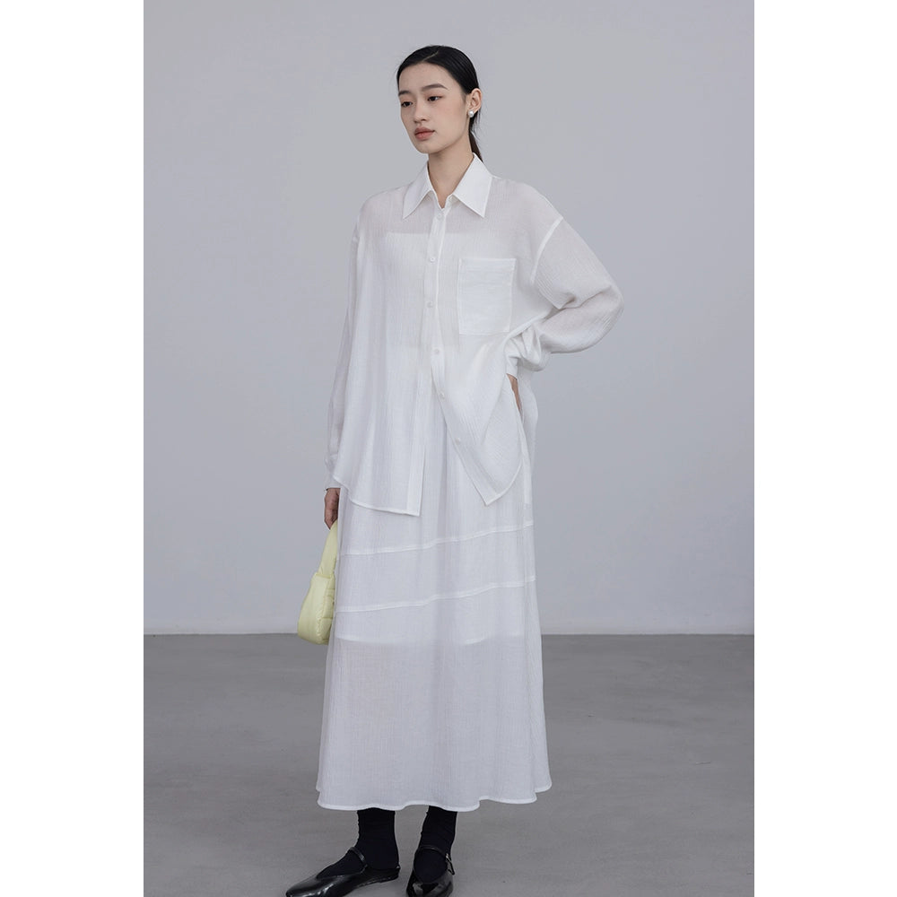 Conjunto de dos piezas de camisa de manga larga con colgante CAREMIND 24SS + falda en forma de A, sal de textura oscura