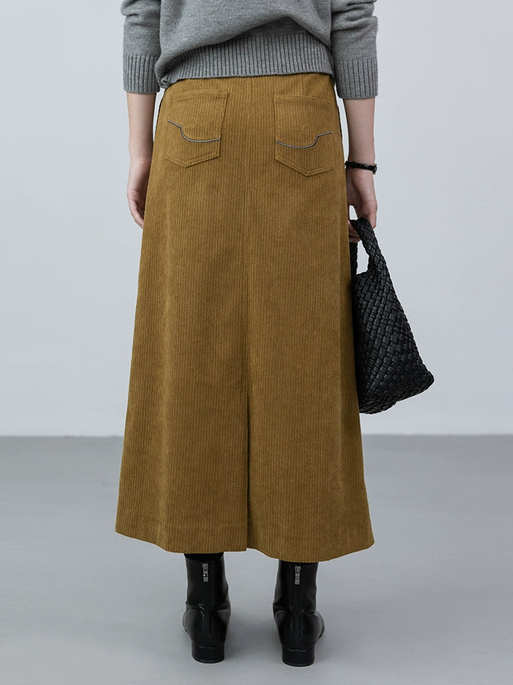 Falda retro CAREMIND que cubre la carne, falda mediana y larga de pana color jengibre para mujer