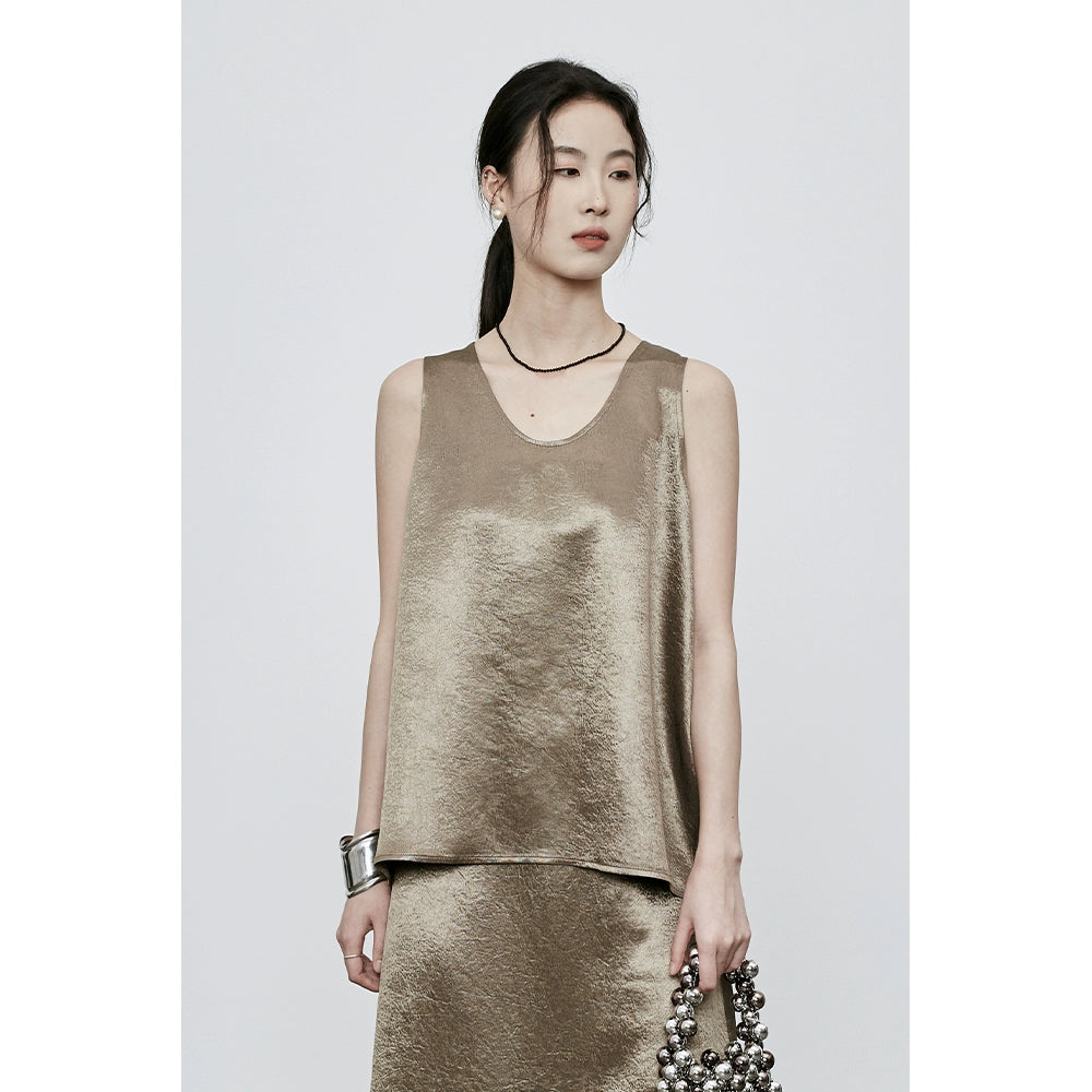 CAREMIND Traje de acetato con estampado oscuro Chaleco sin mangas Falda larga de cola de pez Conjunto de dos piezas para mujer