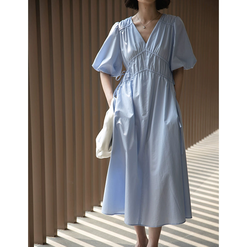 Exclusivo de CAREMIND, vestido de verano para mujer con escote en V, tirantes finos y mangas abullonadas en color azul hada