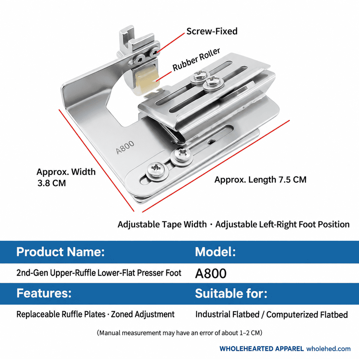 1750★ Adjustable Gathering Presser Foot for Lockstitch Machines, Suitable for Skirts, Lace, Ribbons, and Various Fabric Thicknesses.
