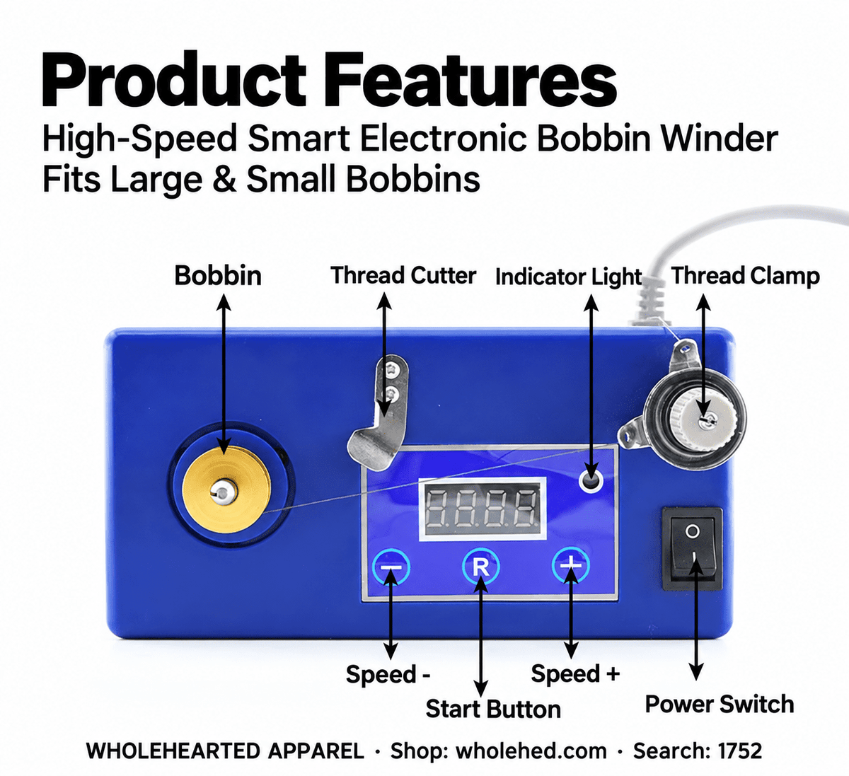 1752★ Penggulung Bobbin Elektrik Cerdas Berkecepatan Tinggi dengan Dudukan yang Ditingkatkan, Kecepatan yang Dapat Disesuaikan & Rak Penyimpanan Bobbin untuk Mesin Jahit