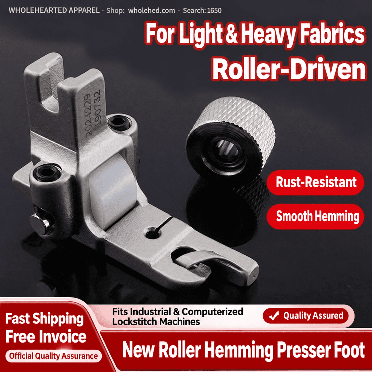 1650★ 0.3 Roller Hemming Presser Foot, Electroplated All-Steel Edge Folding Foot for Industrial Lockstitch Sewing Machines.