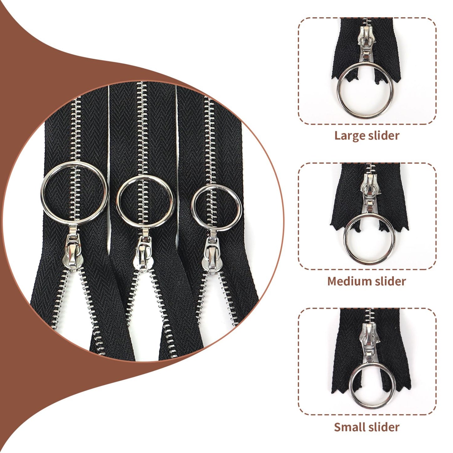 3092 Zipper No. 3 platinum closed tail circle head metal silver tooth multi-size clothing bag DIY daily necessities available