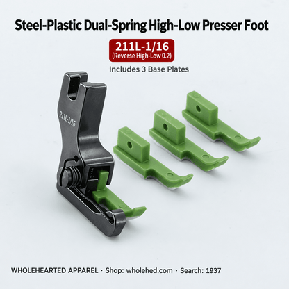 1937★ Dual-Spring High-Low Presser Foot for Collar Sewing, Steel-Plastic Design with Smooth, Wear-Resistant Teflon and Black Titanium Steel