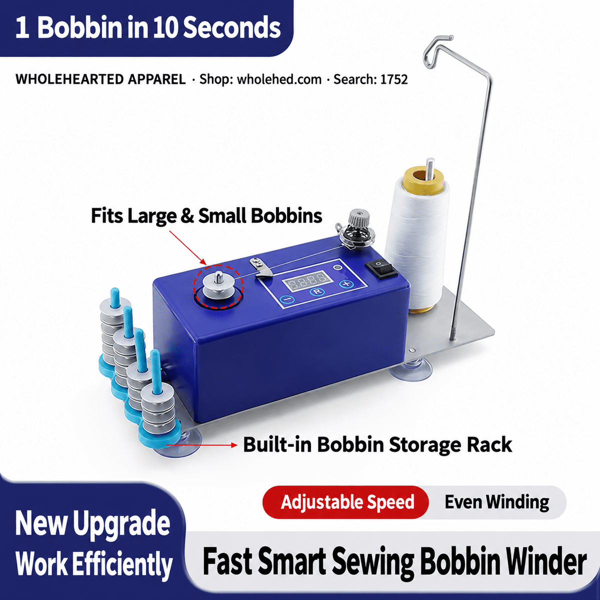 1752★ Penggulung Bobbin Elektrik Cerdas Berkecepatan Tinggi dengan Dudukan yang Ditingkatkan, Kecepatan yang Dapat Disesuaikan & Rak Penyimpanan Bobbin untuk Mesin Jahit