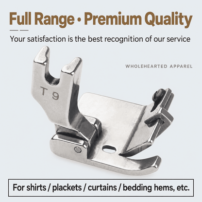 1028★ T9 Hemming Presser Foot for Flatbed Sewing Machines, Suitable for Shirt Plackets, Curtains and Hemming.