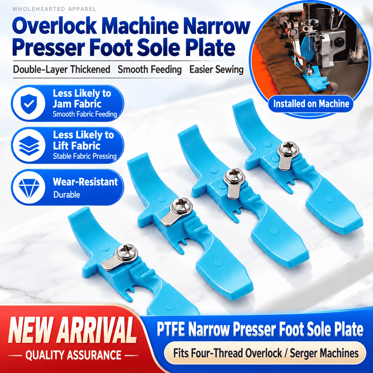 1928★ PTFE Narrow Presser Foot Sole for Four-Thread Overlock Machines, Double-Layer Thickened Smooth Wear-Resistant Sewing Accessory.