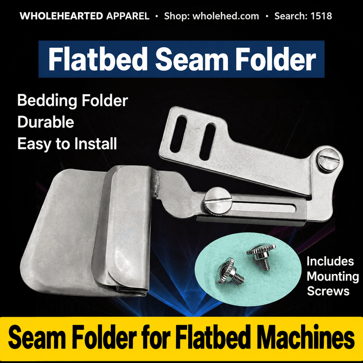 1518★ Industrial Flatbed Sewing Machine Seam Folder with Adjustable Dual-Layer Fabric Alignment and Straight-Grain Edge Folding Guide.