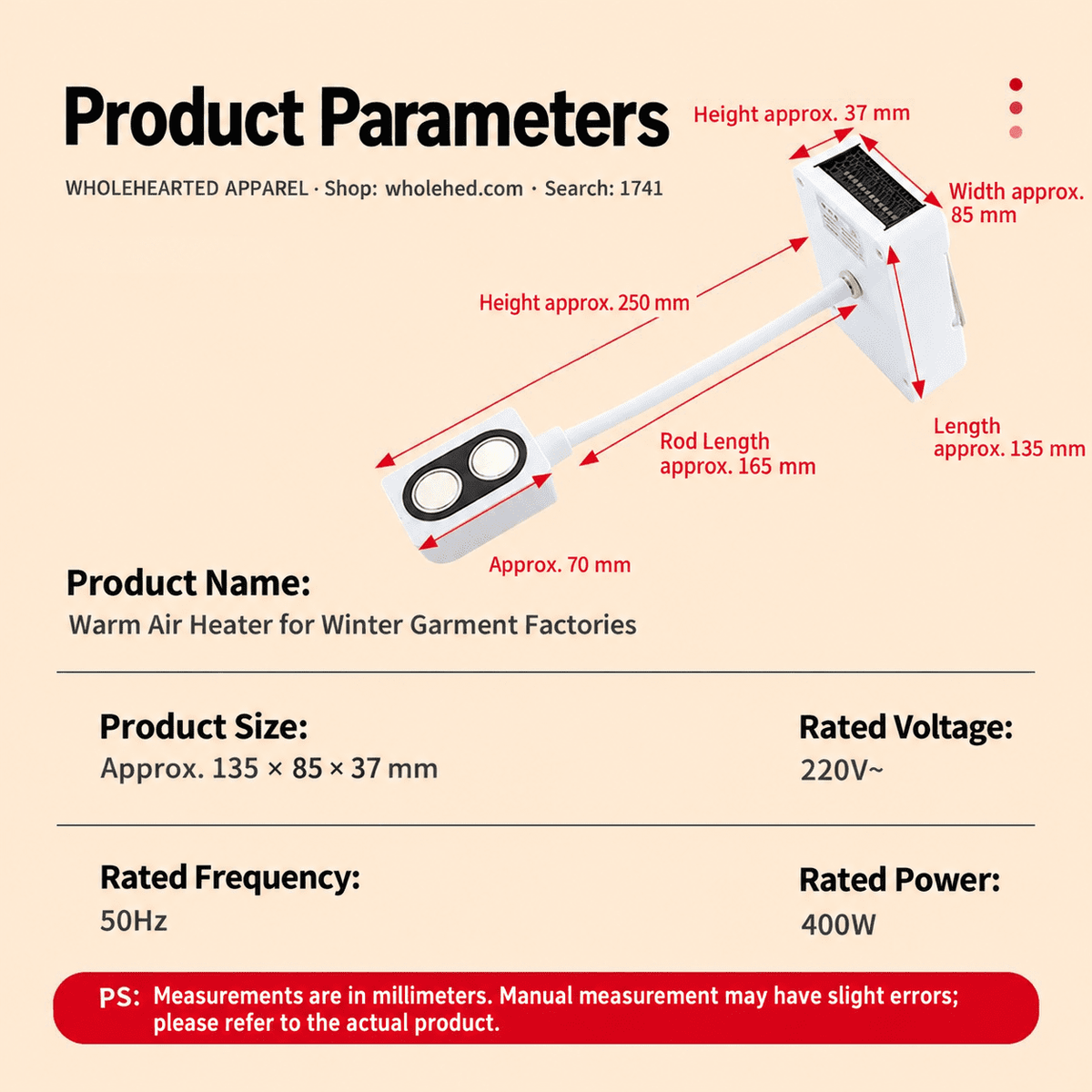 1741★ Winter Warm Air Heater for Garment Factories with Adjustable Stand and Dual Magnetic Base