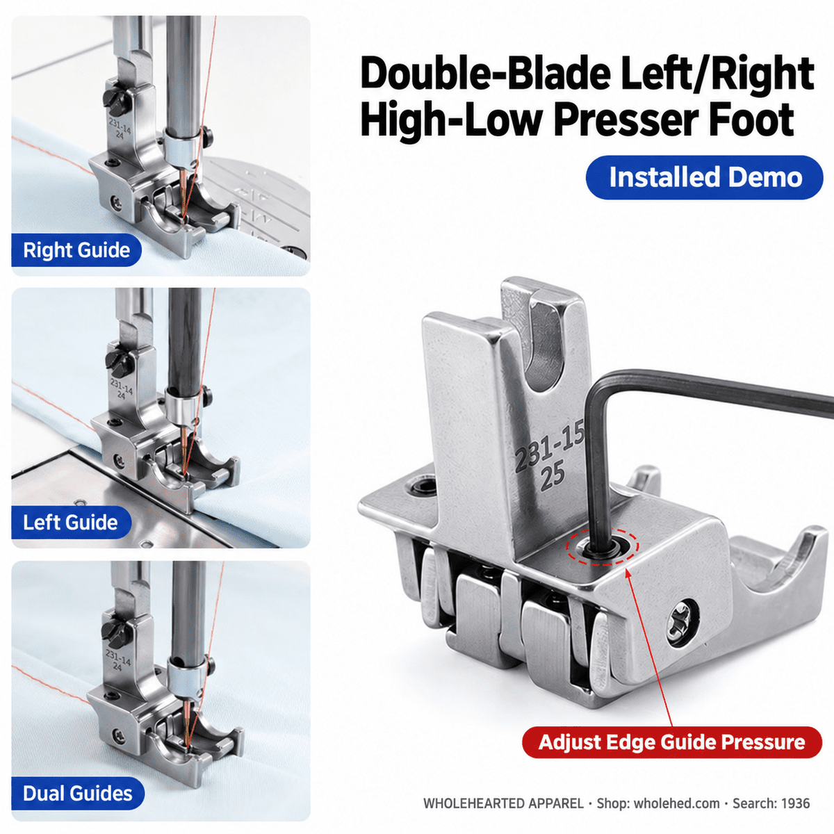 1936★ All-Steel Dual-Blade High-Low Presser Foot for Lockstitch Machines, Adjustable Left/Right Dual Edge Guides, 0.6/0.8 cm Seam Allowances.