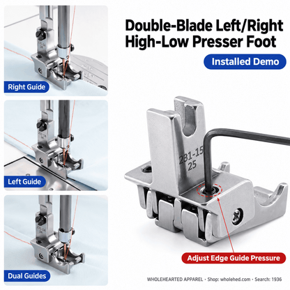 1936★ All-Steel Dual-Blade High-Low Presser Foot for Lockstitch Machines, Adjustable Left/Right Dual Edge Guides, 0.6/0.8 cm Seam Allowances.
