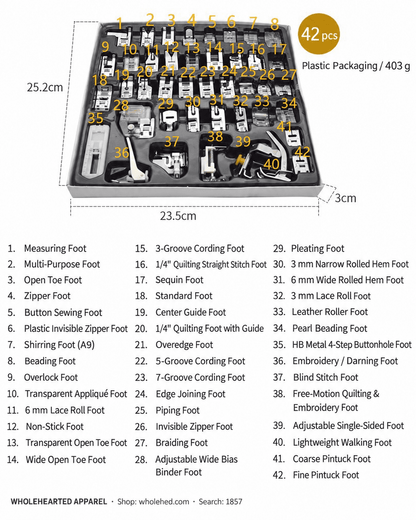 1857★ Lots de pieds-de-biche pour machine à coudre domestique (11, 16, 32, 42 ou 48 pièces) avec emballage de base ou deluxe en chinois/anglais