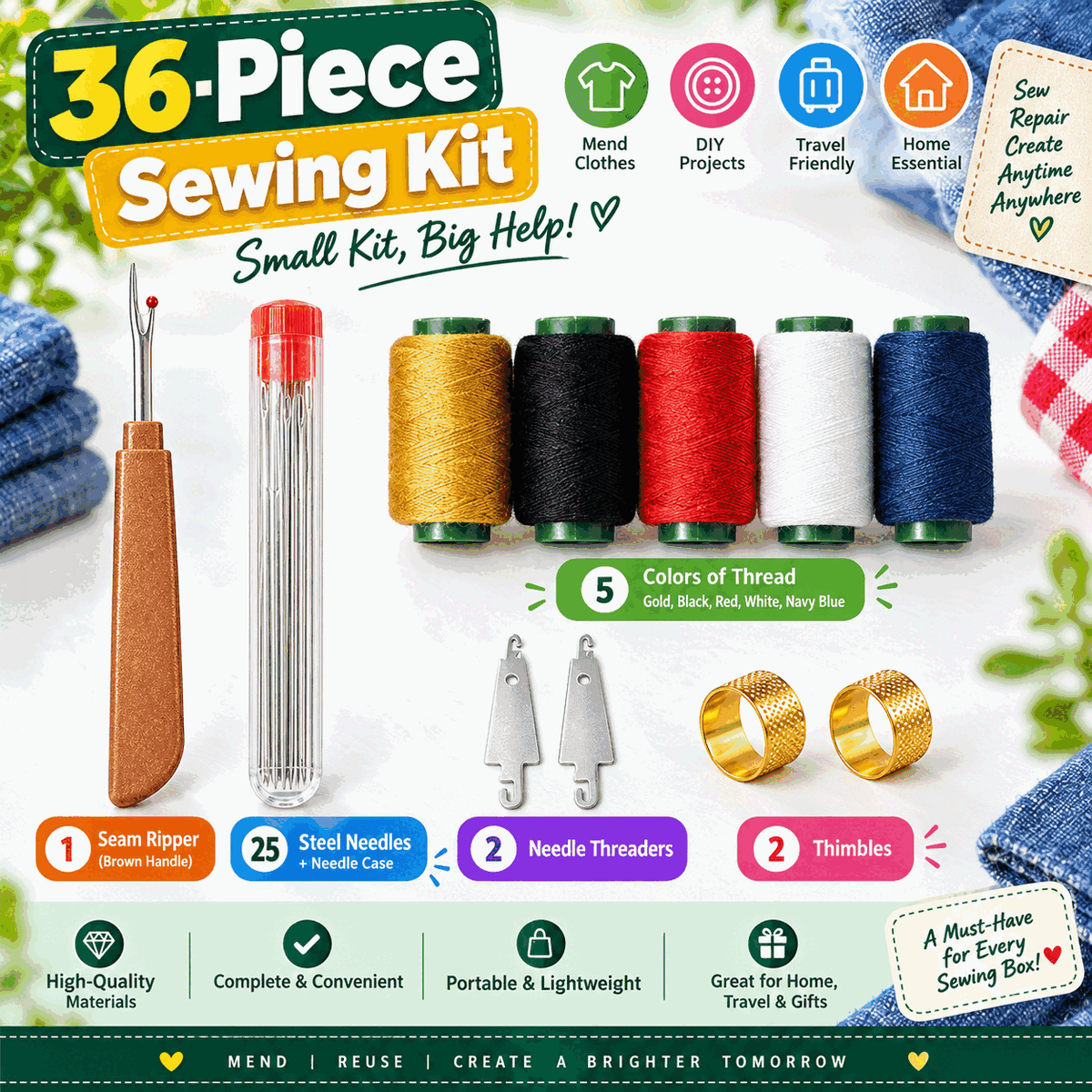 1651★ Set combinato da 36 pezzi di aghi e fili, aghi in acciaio di alta qualità con cruna grande, estrattore e filo di jeans medio e spesso in cinque colori.