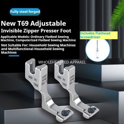 1069★ Número de modelo T69 (ajustable) Prensatelas para cremallera invisible con muesca Prensatelas para cremallera multifuncional Máquina de coser plana para ordenador Máquina de coser plana industrial★